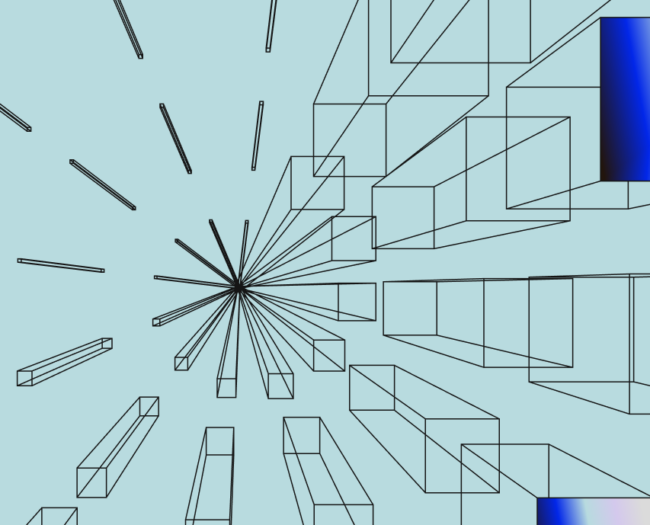 Production AI illustration: wireframe boxes converging toward a vanishing point in the new Cheesecake Labs brand style